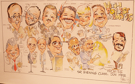 Professor Payne is featured in this caricature (top, second from right), a gift from the Class of '92.